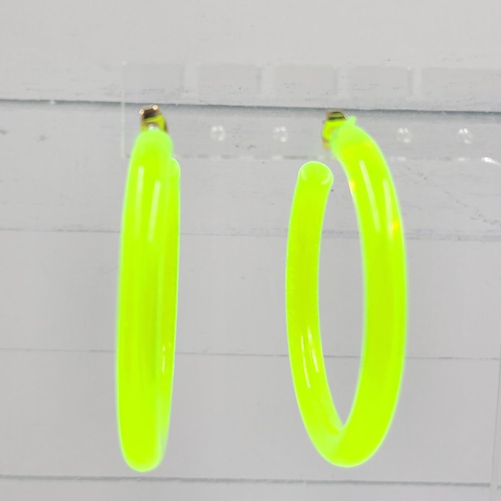 2" Yellow 80's Retro Neon Translucent Tube Lucite Hoop Earrings - Picture 7 of 11